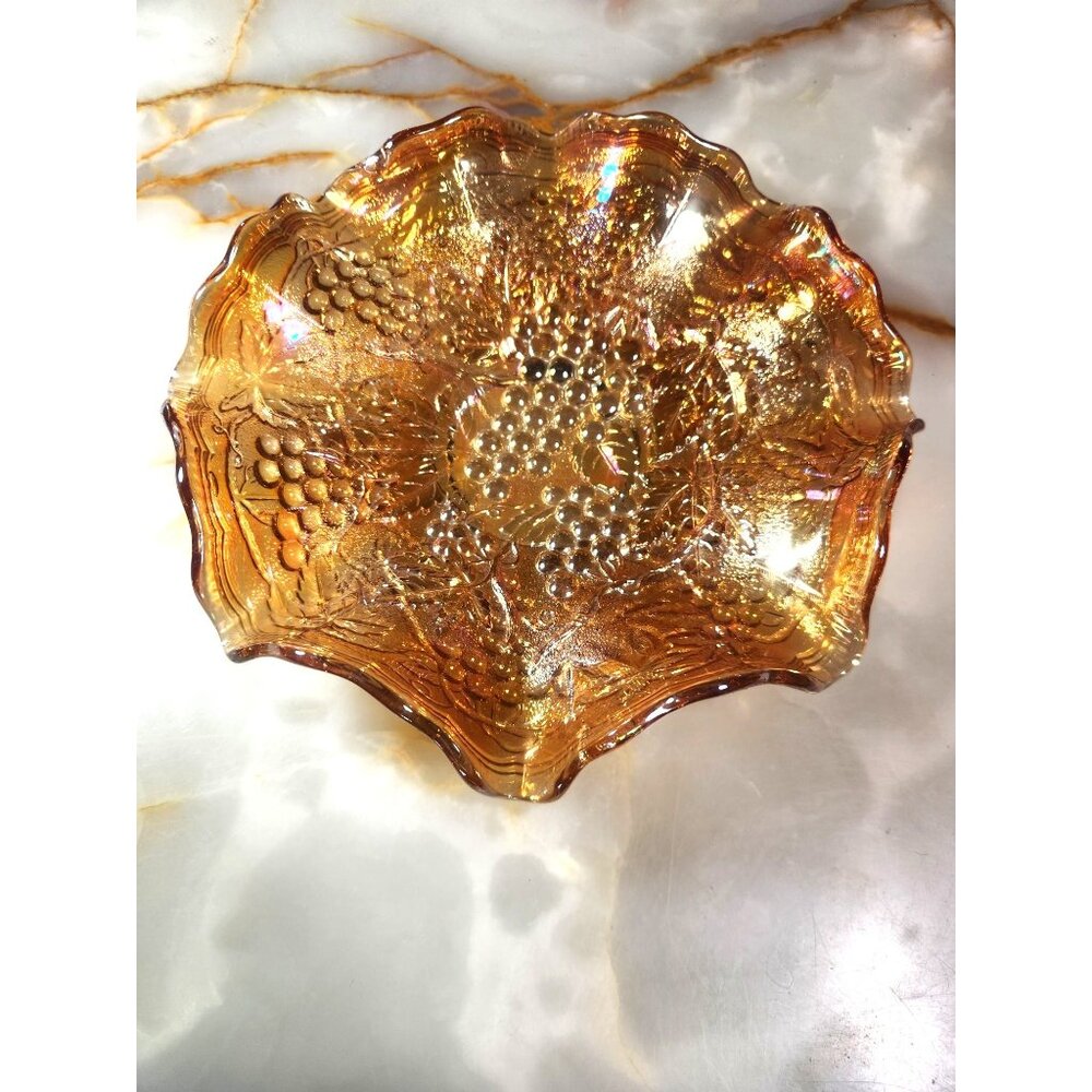Vintage Indiana Glass Iridescent Marigold Carnival Glass Grape Pattern Scalloped